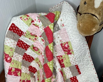 Baby Quilt*Shower Gift*Girl Quilt Blanket*Toddler* Patchwork*Handmade*Floral*Flowers*Boho*Pink,Green,Grays*Nursery Decor*36x39*Ready to ship