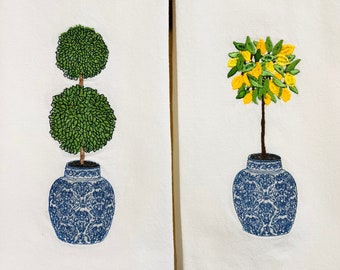 EMBROIDERED TEA TOWELS *New Towel Promotion Sale* Chinoiserie Double Topiary Tree*Lemon Tree*Tea Towel*Kitchen Towel*Dish Cloth*Flour sack*