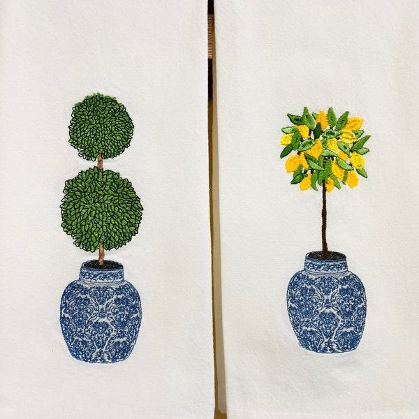 TOALLAS DE TÉ BORDADAS *Nueva venta de promoción de toallas* Chinoiserie Double Topiary Tree*Limonero*Toalla de té*Toalla de cocina*Paño de cocina*Saco de harina*