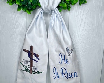 Easter Wreath Sash*He Is Risen* Embroidered Wreath Sash* Cross and Dove Design*Cotton Wreath Sash* Christian Wreath