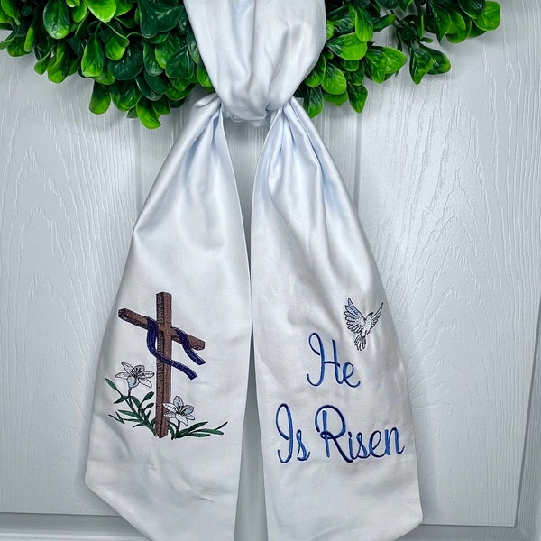 Easter Wreath Sash*He Is Risen* Embroidered Wreath Sash* Cross and Dove Design*Cotton Wreath Sash* Christian Wreath