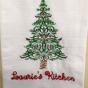 PERSONALIZED CHRISTMAS Tree Tea Towel*Christmas Kitchen Tea Towel*Swirls Christmas Tree*Dish Towel*Flour Sack*Cotton Towel*Terry Cloth*Gifts