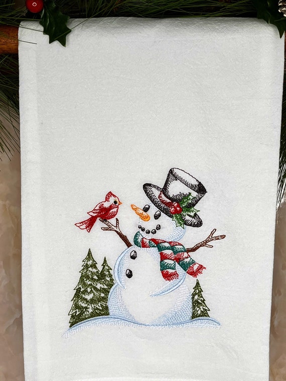 EMBROIDERED SNOWMAN CHRISTMAS Towelsnowman With Cardinalwinter Towelkitchen  Towelflour Sackcottonterry Clothhand Towelchristmas Gift 