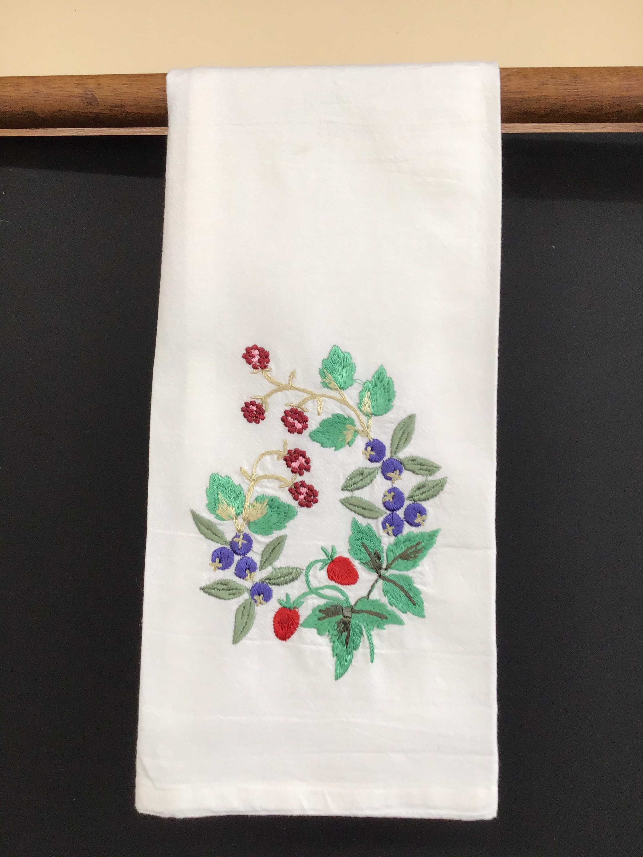 TEA TOWELS WILDFLOWERS*Embroidered*Kitchen Towel*Meadow Flowers*Strawberry*Blueberry*Hand Towel*Dish Cloth*Flour sack*Shower Hostess*Wedding