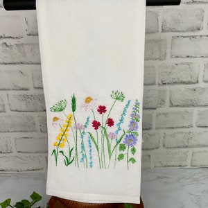 Embroidered Wildflower Tea Towel: Meadow Flower Kitchen Decor