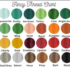 May include: A Fancy Thread Chart featuring twenty-four circular color swatches arranged in four rows. Each circle displays a distinct thread color labeled with names including Aquamarine, Scotty, Sea Green, Celery, Lime, Bright Green, Pear, Ming, Coral, Burnt, Pumpkin, Harvest, Liberty, Gold, Cranberry, Lipstick, Poppy, Cardinal, Cloud Grey, Saturn, Pecan, Pony, Bark, and Black.