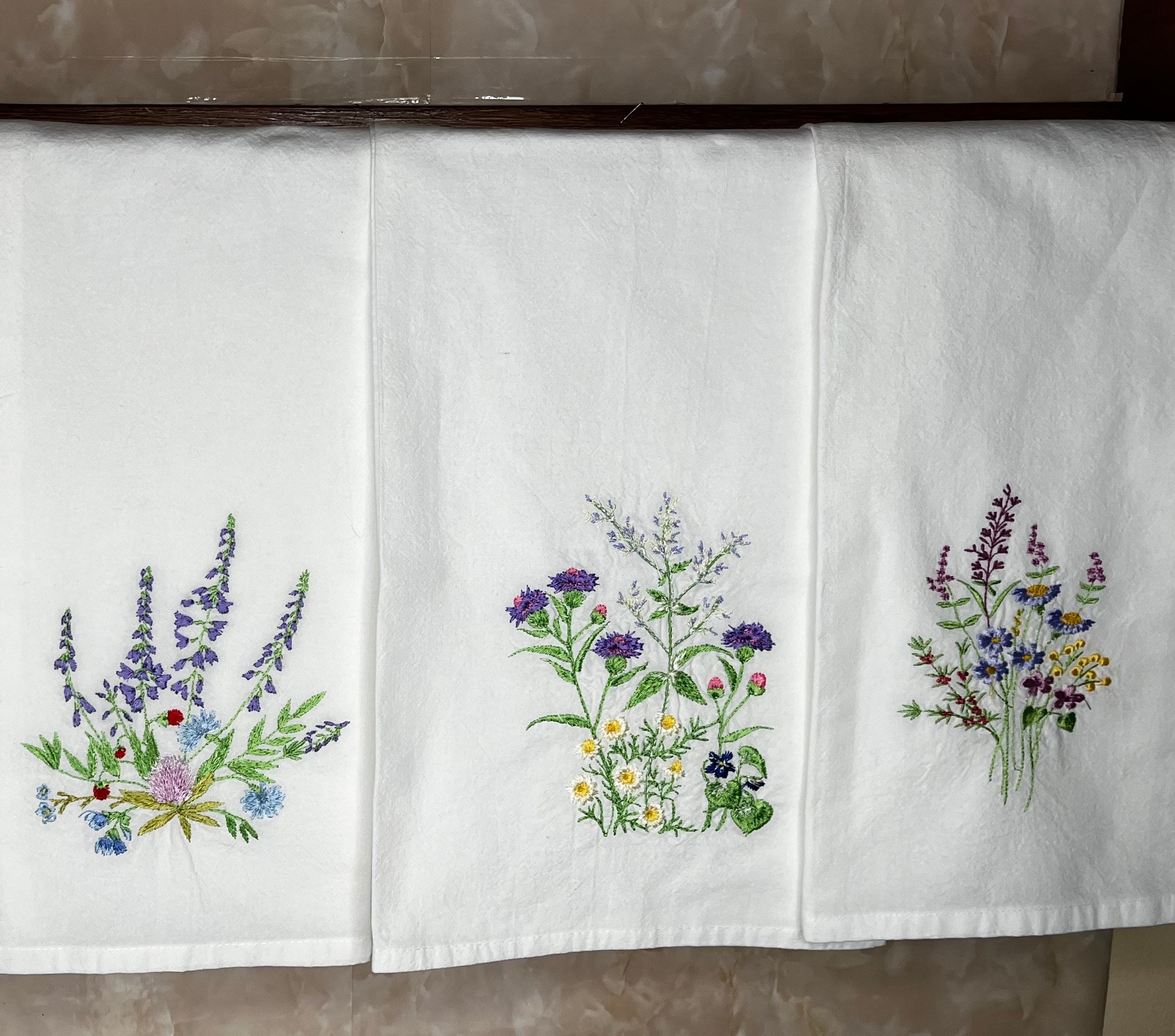 TEA TOWEL WILDFLOWER Set*Embroidered*Kitchen Towels*Wedding Favors*Shower Favors*Wildflowers* *Mother’s Day*Teacher*Hostess Gifts*Dish Cloth