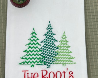 Personalized Christmas Tree Flour Sack Towel, Embroidered Cabin Decor