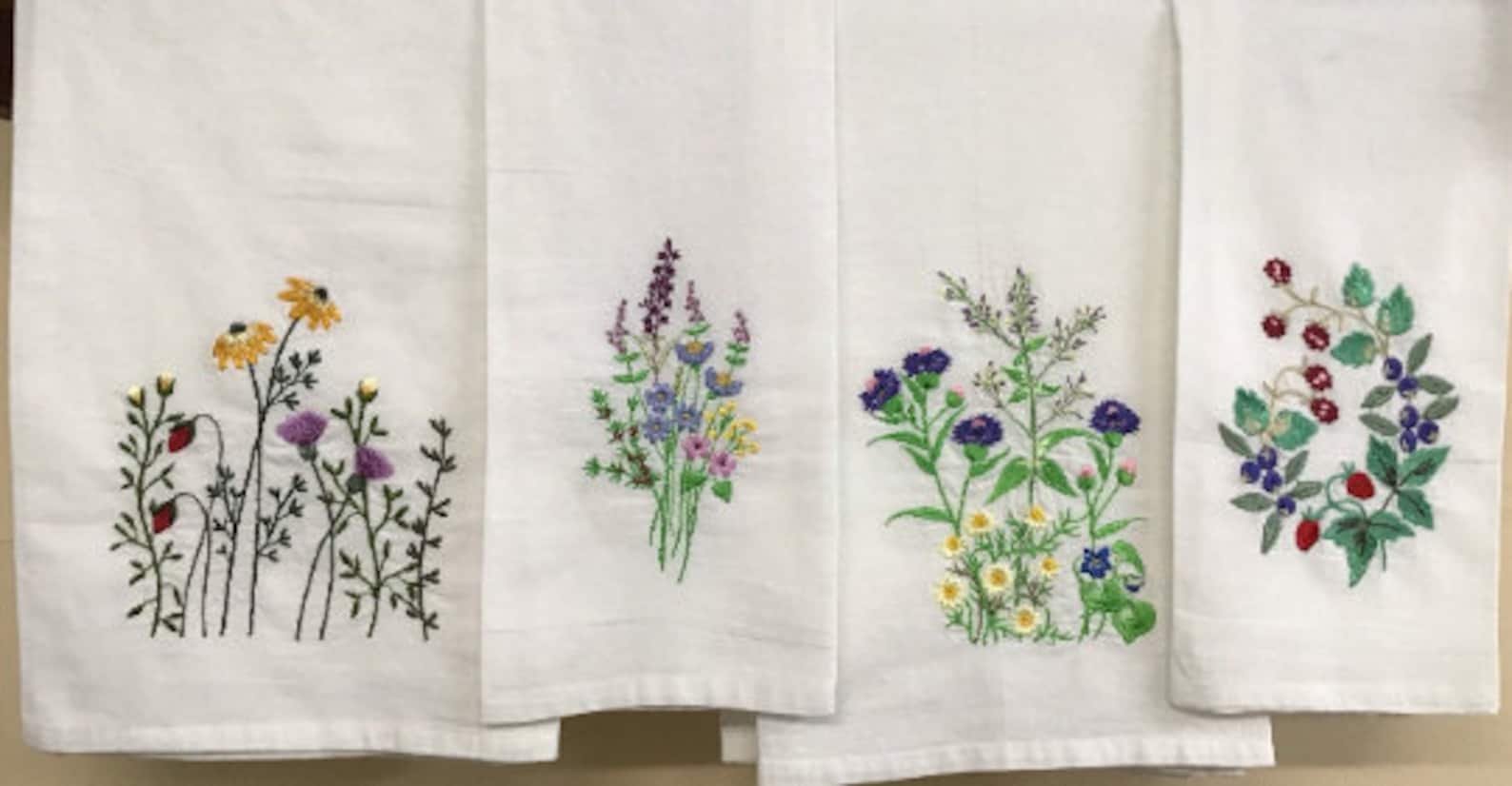 Tea Towels Wildflowers*Embroidered*Kitchen/Hand Towel*Dish Cloth*Flour sack*Shower Hostess*Wedding - ALL 4 TOWELS