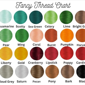 May include: A chart of 18 different colors of embroidery floss with the names of each color listed below. The colors include aquamarine, Scotty, sea green, celery, lime, bright green, pear, Ming, coral, burnt, pumpkin, harvest, liberty, gold, cranberry, lipstick, poppy, cardinal, cloud grey, Saturn, pecan, pony, bark, and black.