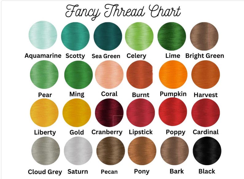 May include: A chart of 18 different colors of embroidery floss with the names of each color listed below. The colors include aquamarine, Scotty, sea green, celery, lime, bright green, pear, Ming, coral, burnt, pumpkin, harvest, liberty, gold, cranberry, lipstick, poppy, cardinal, cloud grey, Saturn, pecan, pony, bark, and black.