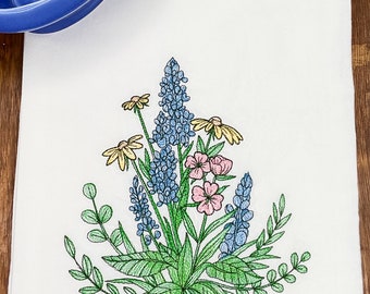 Tea Towel*Embroidered*Bluebonnets and Daisies*Hand Towel*Flowers Tea Towel*Floursack*Kitchen Towel*Christmas*Housewarming*Shower Gift