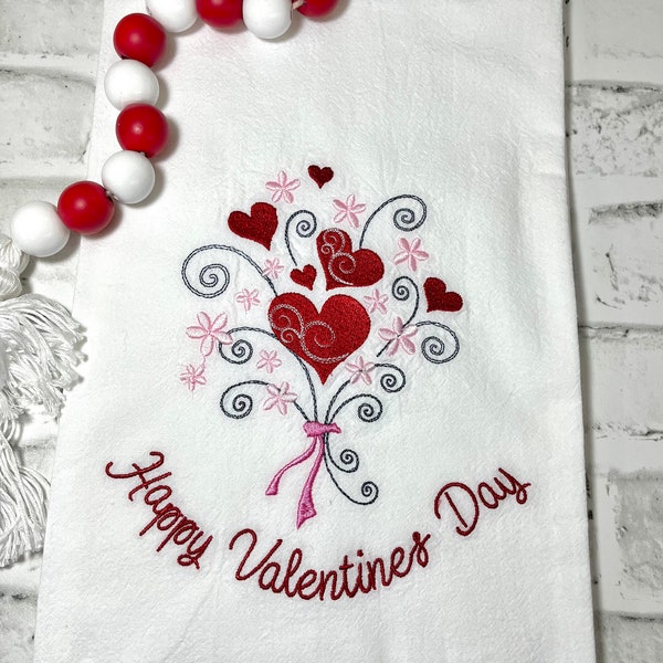 VALENTINES DAY TOWEL*Embroidered Bouquet of Hearts*Valentine Gift*Personalized*Dish Cloth*Kitchen Towel*Tea Towel*Flour Sack*Cotton Towel