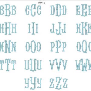 May include: A digital chart labeled FONT 2 displaying the alphabet in a light blue, decorative serif typeface. Each letter from A to Z is presented in a triple-stacked format, showing the uppercase and lowercase variations of each character.