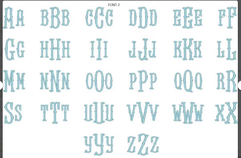 May include: A digital chart labeled FONT 2 displaying the alphabet in a light blue, decorative serif typeface. Each letter from A to Z is presented in a triple-stacked format, showing the uppercase and lowercase variations of each character.