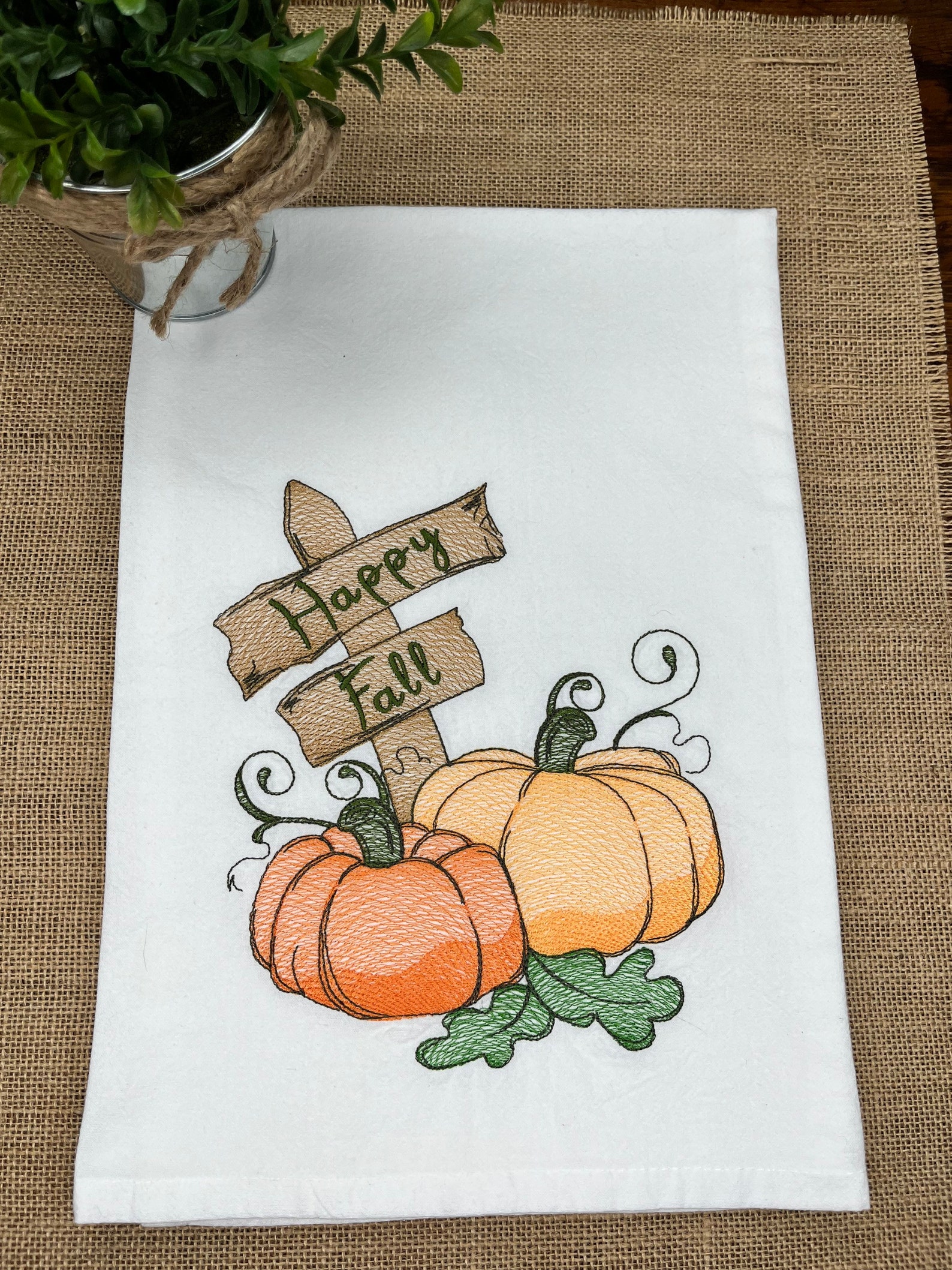 Embroidered Fall Tea Towel • Pumpkin Design, Hostess Gift - Etsy