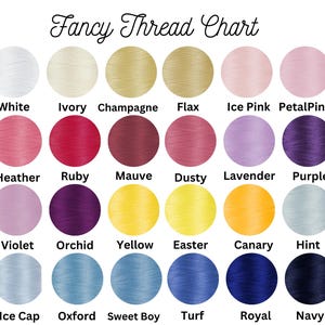 May include: A Fancy Thread Chart featuring twenty-four circular color swatches arranged in four rows. Each circle displays a distinct thread color with its corresponding name printed in black text below, including White, Ivory, Champagne, Flax, Ice Pink, Petal Pink, Heather, Ruby, Mauve, Dusty, Lavender, Purple, Violet, Orchid, Yellow, Easter, Canary, Hint, Ice Cap, Oxford, Sweet Boy, Turf, Royal, and Navy.