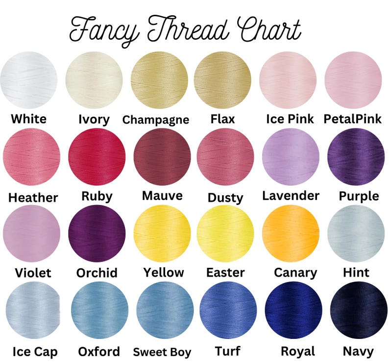 May include: A Fancy Thread Chart featuring twenty-four circular color swatches arranged in four rows. Each circle displays a distinct thread color with its corresponding name printed in black text below, including White, Ivory, Champagne, Flax, Ice Pink, Petal Pink, Heather, Ruby, Mauve, Dusty, Lavender, Purple, Violet, Orchid, Yellow, Easter, Canary, Hint, Ice Cap, Oxford, Sweet Boy, Turf, Royal, and Navy.