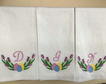 PERSONALIZED EASTER TOWELS*Easter Eggs and Tulips*Embroidered*Dish /Kitchen Towels*Hand Tea Towels*FlourSack*Cotton Towel