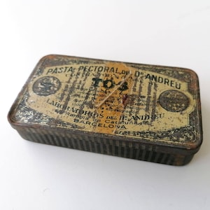 Antique Pasta Pectoral del Dr. Andreu Tin Box, Medicines Box, Made in Spain, Vintage Pill Box, Box Collection, Shop Advertising Display Box