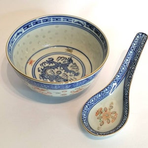 Vintage Chinese Bowl and Spoon, Chinese Rice Bowl Spoon, Antique Bowls and Spoons, Vintage Hand Painted Chinese, Oriental Porcelain