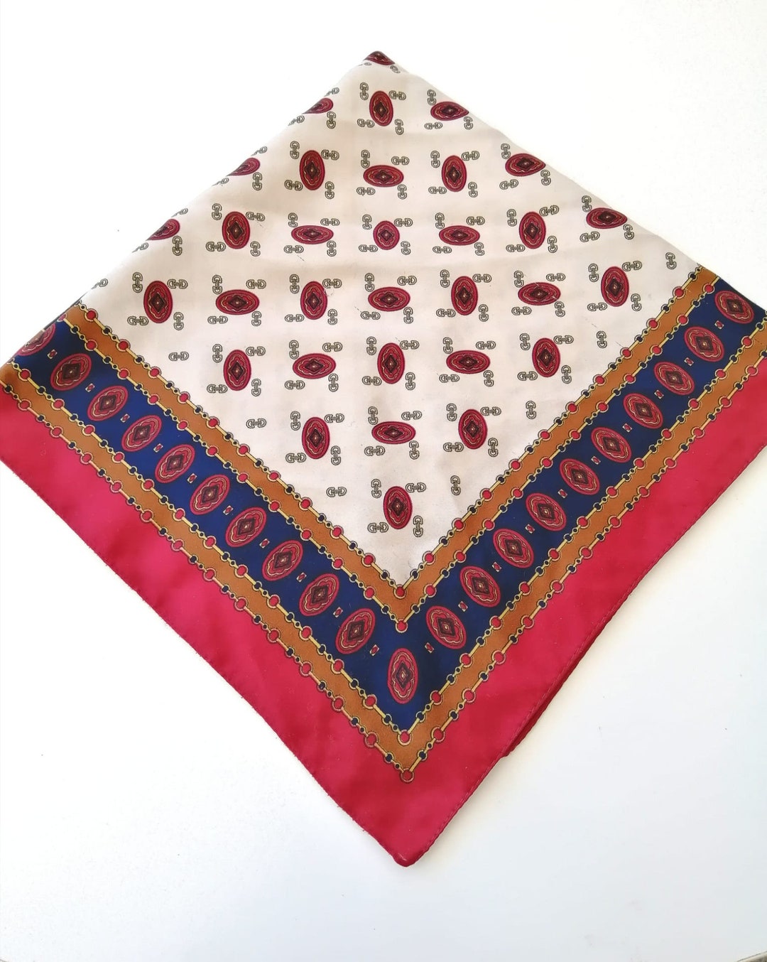 Vintage Equestrian Pattern Elegant Scarf, Red Navy Blue and Yellow