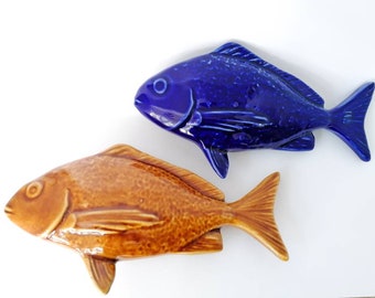 Set of 2 Ceramic Sea Bream Fish, Hand Painted, Ceramic Glazed Clay Fish, Fish Wall Hanging, Portuguese Poterry, Ceramic Fish Collections