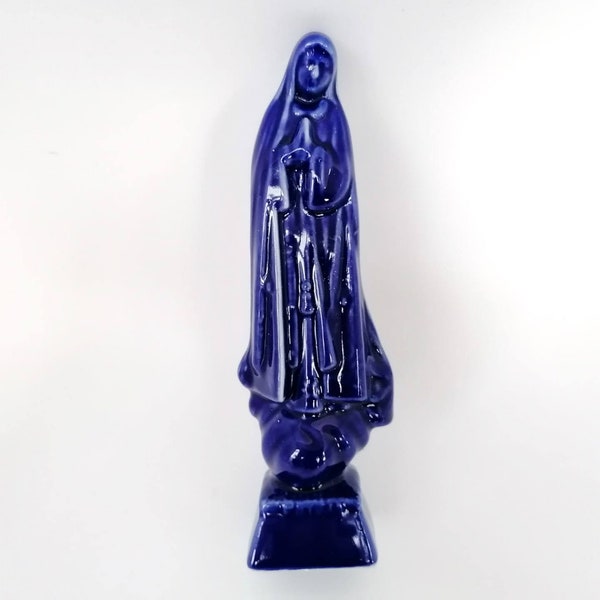 Sculpture en céramique bleue de Notre-Dame de Fatima, figure religieuse peinte et faite à la main, poterie portugaise traditionnelle, art sacré de collection
