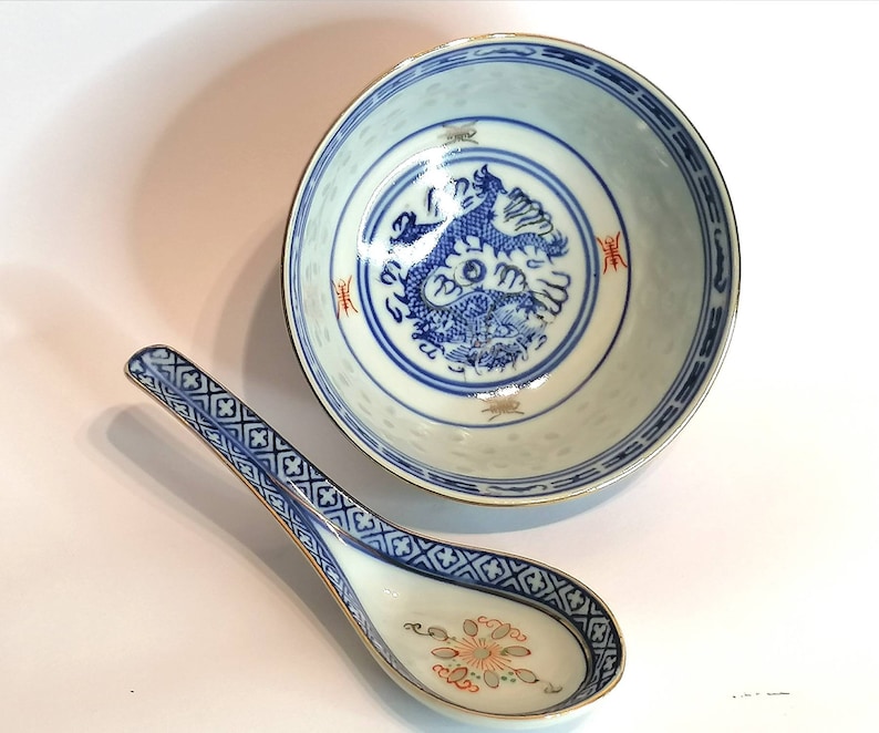 Vintage Chinese Bowl and Spoon, Chinese Rice Bowl Spoon, Antique Bowls