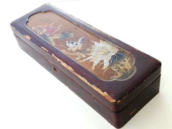 Vintage Glove Box, Hand-Painted Laquered Box, Vint