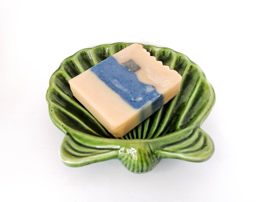 Green Ceramic Sea Shell Soap Dish, Sea Glass Green Ceramic Shell, Ceramic Glazed Clay Sea Shell