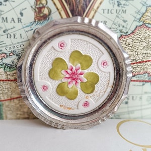 Vintage Art Deco Metal Ashtray with Ceramic Floral Design