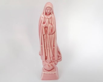 Pink Ceramic Sculpture of Our Lady of Fatima, Painted and Handmade Religious Figure, Traditional Portuguese Pottery, Collectible Sacred Art