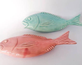 Set of 2 Ceramic Bream Fish, Hand Painted, Ceramic Glazed Clay Fish, Fish Wall Hanging, Portuguese Poterry, Ceramic Fish Collections