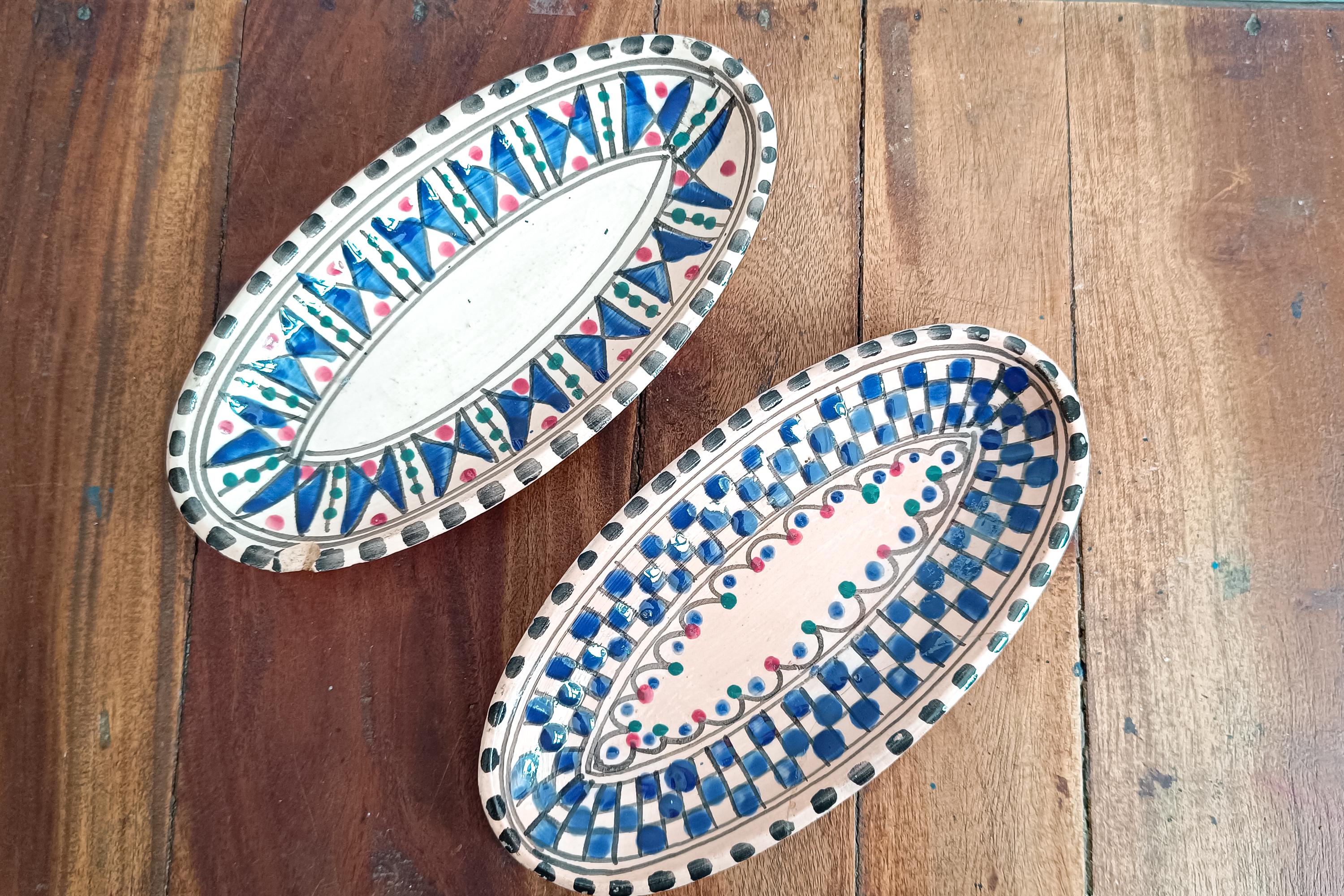 Vintage Uzbek hand-painted ceramic plates – pair of oval rice dishes with geometric patterns