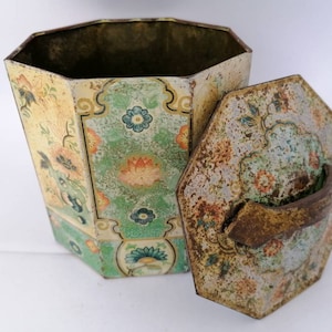 Antique Octagonal Oriental Tin Box | 1950s Asian Floral Tea Tin with Lid | Lotus Flower Pattern
