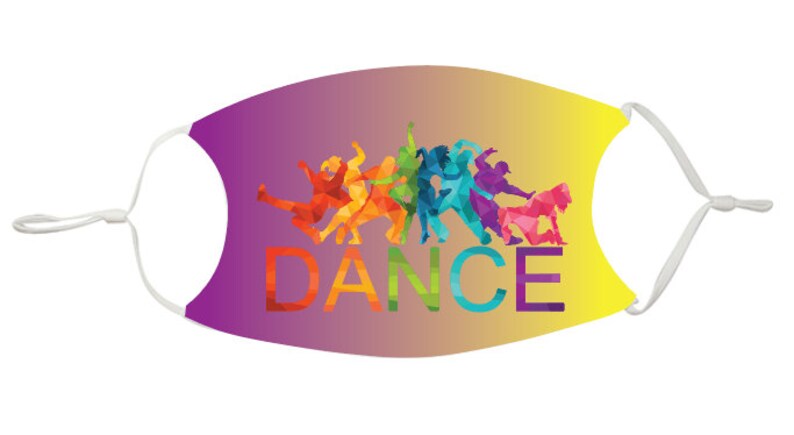 May include: A purple and yellow face mask with a colorful silhouette of dancers and the word "DANCE" printed on it.