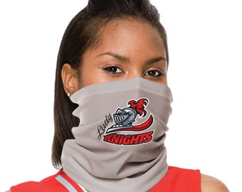 May include: Gray neck gaiter with a red and silver knight helmet graphic and the text "Lady Knights".