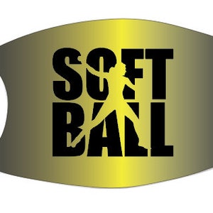 May include: A gold and black face mask with the word "SOFTBALL" printed in black letters. A silhouette of a softball player is in the middle of the word.