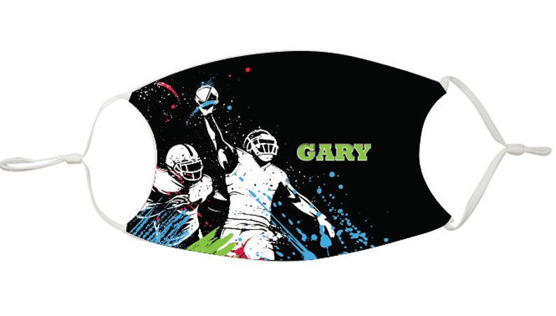 May include: Black face mask with a white design of two football players in action. The text "GARY" is printed in green on the mask.