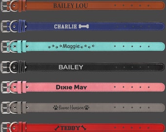 May include: Six different colored leather dog collars with personalized names and paw prints. The collars are brown, blue, light blue, black, pink, and gray.