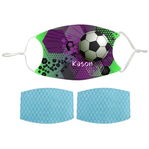 May include: A green, purple, and black face mask with a soccer ball graphic and the name "Kason" printed on it. The mask comes with two blue filter inserts.