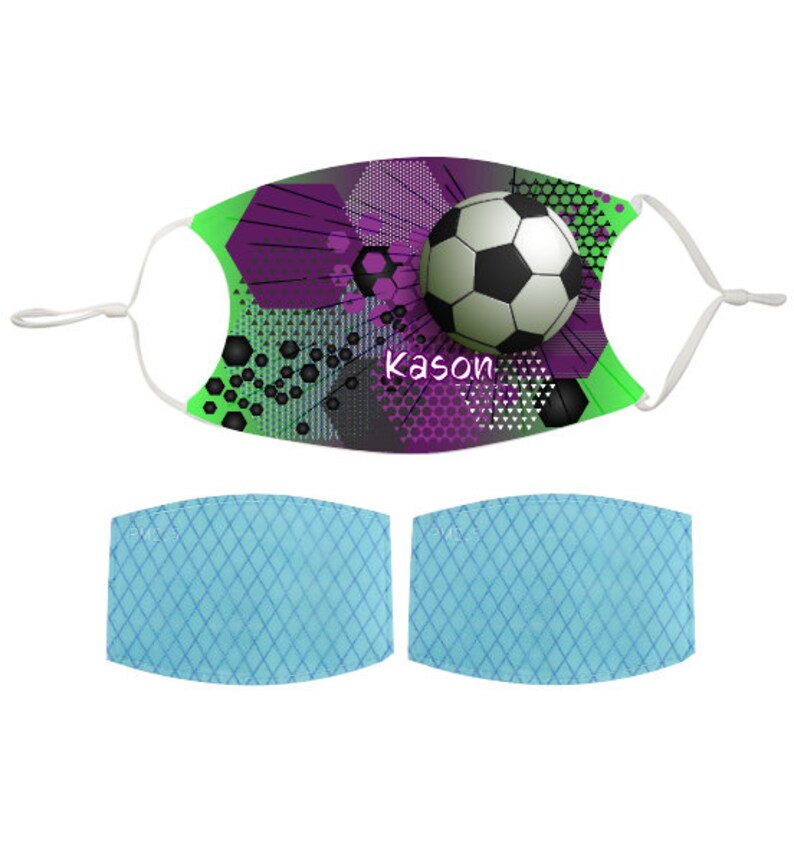 May include: A green, purple, and black face mask with a soccer ball graphic and the name "Kason" printed on it. The mask comes with two blue filter inserts.