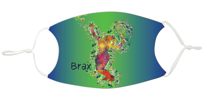 May include: A green and blue gradient face mask with a colorful silhouette of a tennis player and the name "Brax" printed on the front.