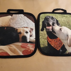 Puede incluir: Dos agarraderas de olla con tem&aacute;tica de perro blanco y negro. Una agarradera de olla presenta un perro blanco y negro durmiendo en una cama. La otra agarradera de olla presenta un perro negro con una bandana tem&aacute;tica de Halloween besando a un perro blanco.