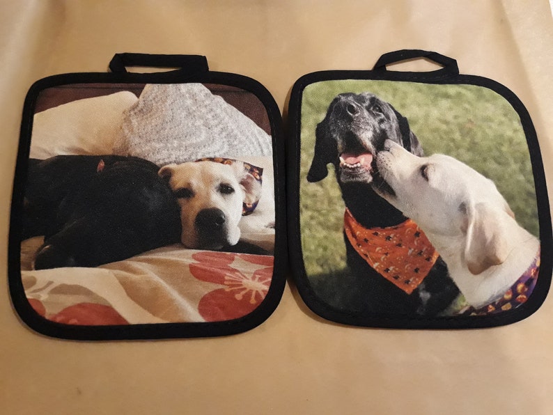 Puede incluir: Dos agarraderas de olla con tem&aacute;tica de perro blanco y negro. Una agarradera de olla presenta un perro blanco y negro durmiendo en una cama. La otra agarradera de olla presenta un perro negro con una bandana tem&aacute;tica de Halloween besando a un perro blanco.