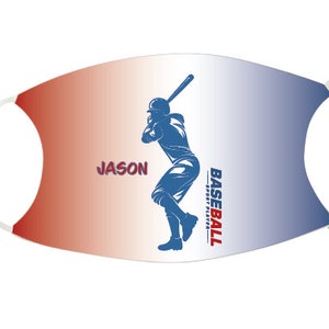 May include: A white face mask with a red, white, and blue gradient background. A blue silhouette of a baseball player is in the center of the mask. The text "BASEBALL" is on the right side of the mask and the text "JASON" is on the left side of the mask.
