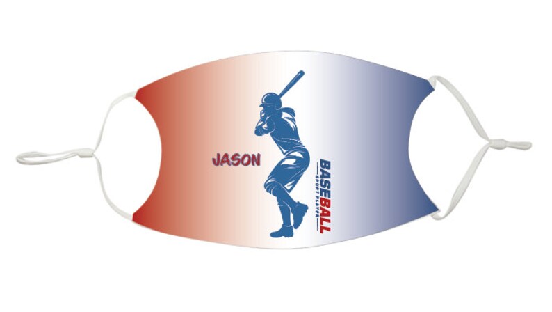 May include: A white face mask with a red, white, and blue gradient background. A blue silhouette of a baseball player is in the center of the mask. The text "BASEBALL" is on the right side of the mask and the text "JASON" is on the left side of the mask.
