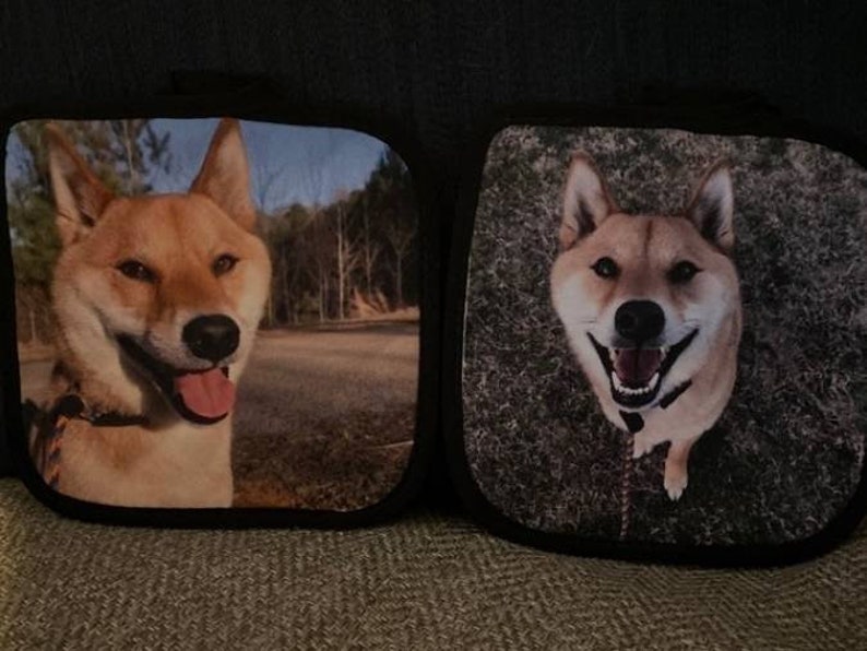 Puede incluir: Dos almohadas cuadradas negras con im&aacute;genes de perros Shiba Inu impresas en ellas. El perro de la izquierda es marr&oacute;n y blanco y mira hacia la derecha. El perro de la derecha es marr&oacute;n y blanco y mira a la c&aacute;mara. El fondo de la almohada de la izquierda es una imagen borrosa de un bosque. El fondo de la almohada de la derecha es una imagen borrosa de hierba.