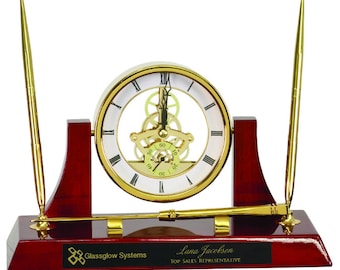 10 1/2" x 6" Engraved Executive Gold/Rosewood Piano Finish Clock w/ 2 Pens/Letter Opener